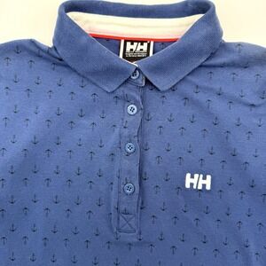 Helly Hansen Polo Shirt Mens L Blue Anchor Print Short Sleeve Preppy Sailing